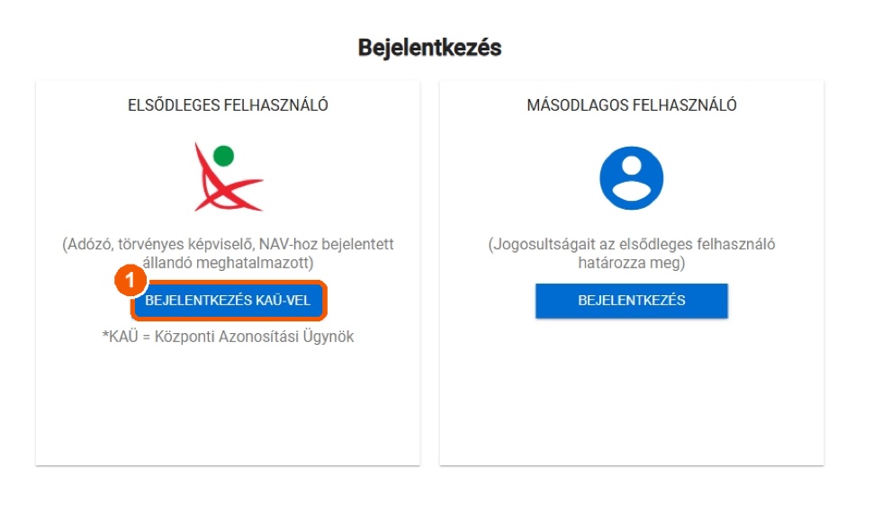 A Pénztárgép Portál bejelentkező képernyője: elsődleges és másodlagos felhasználó